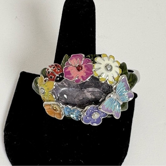 Avon Jewelry - Vintage Avon Enamel Double Ring with Multicolor Accents and Purple Stone